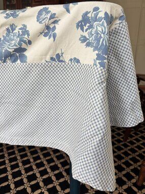 Vintage Guess Home Collection Tablecloth Blue Roses Plaid Edging Cotton Fabric
